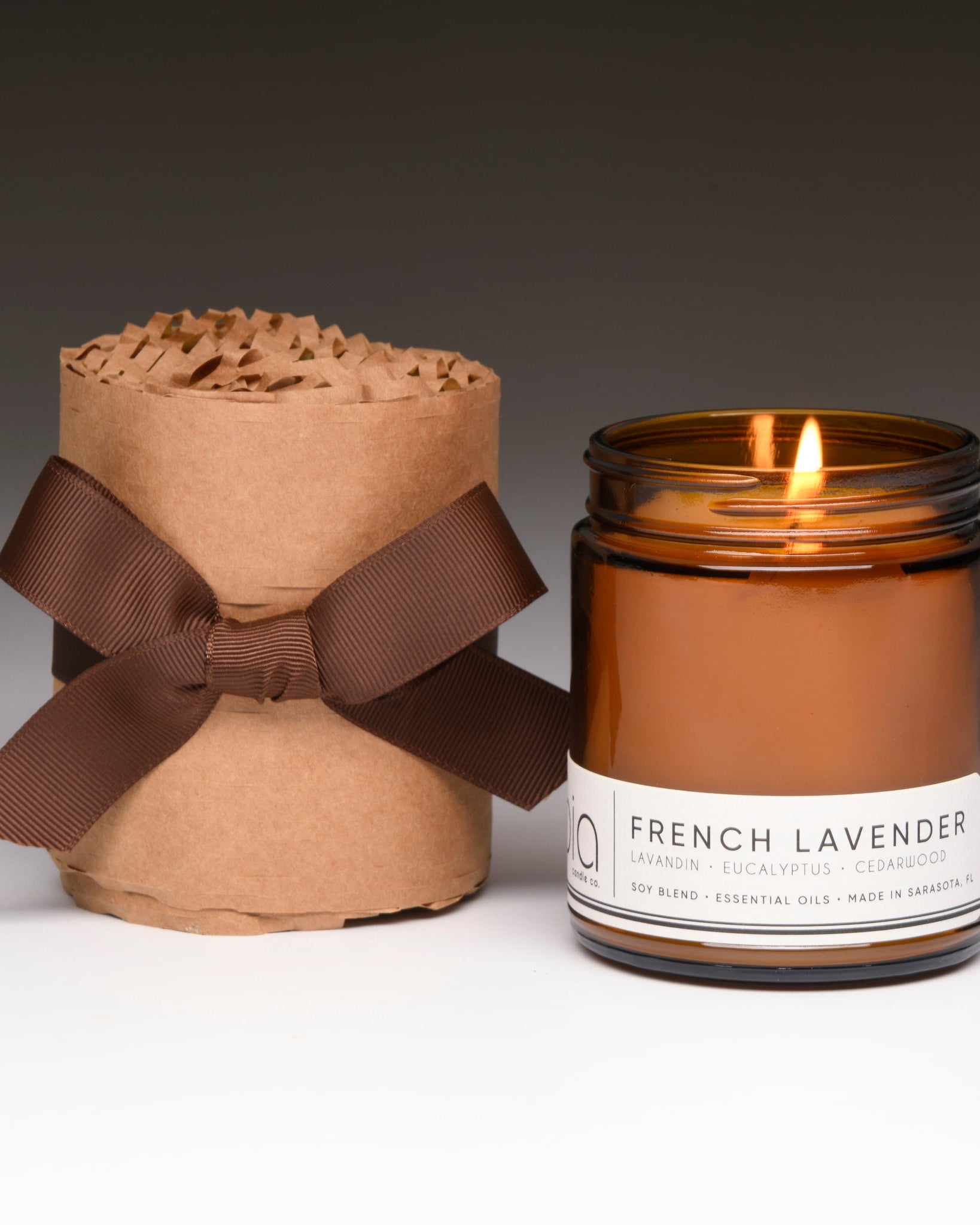 french lavender with gift wrapped ribbon in classic candle size