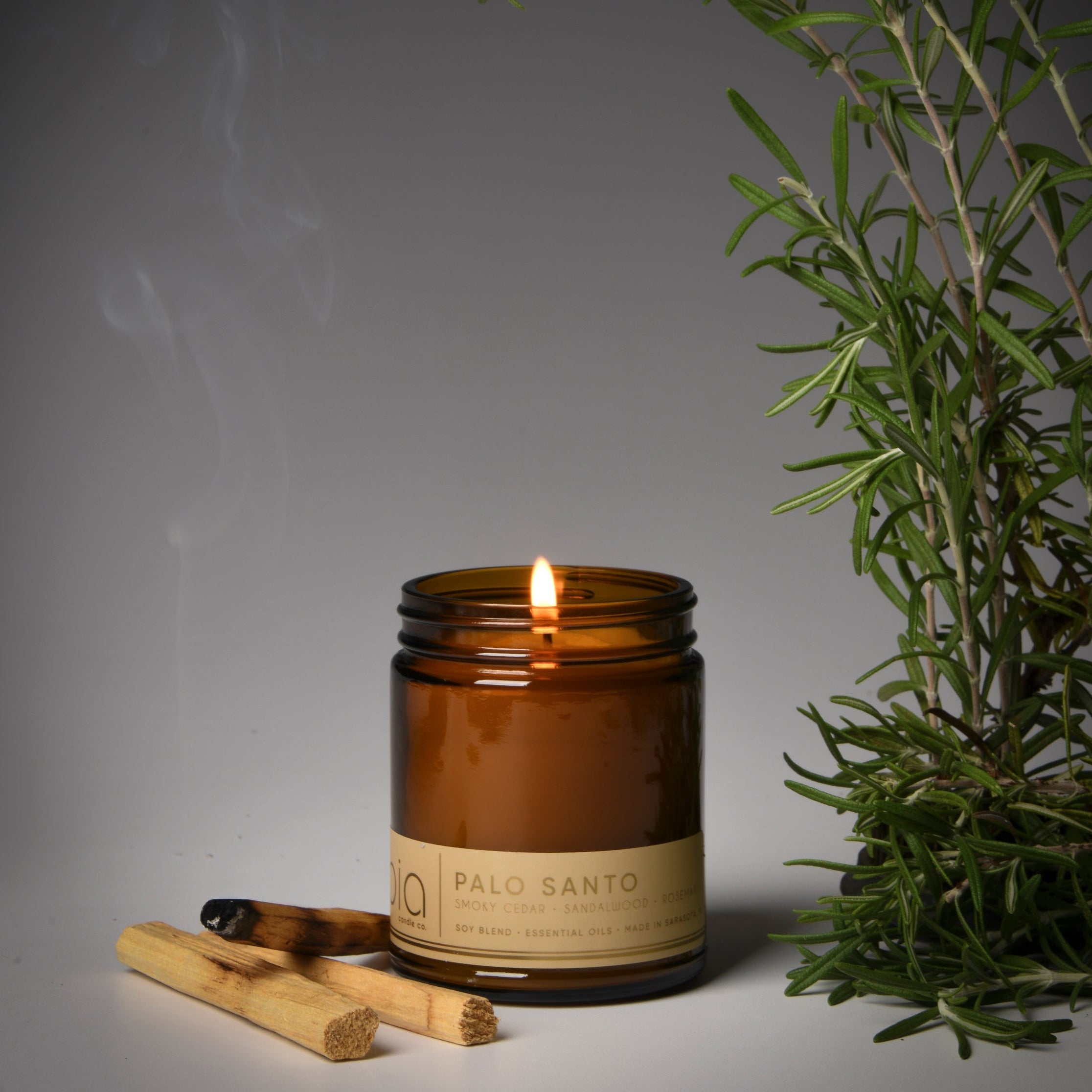 palo santo classic candle, rosemary and incense
