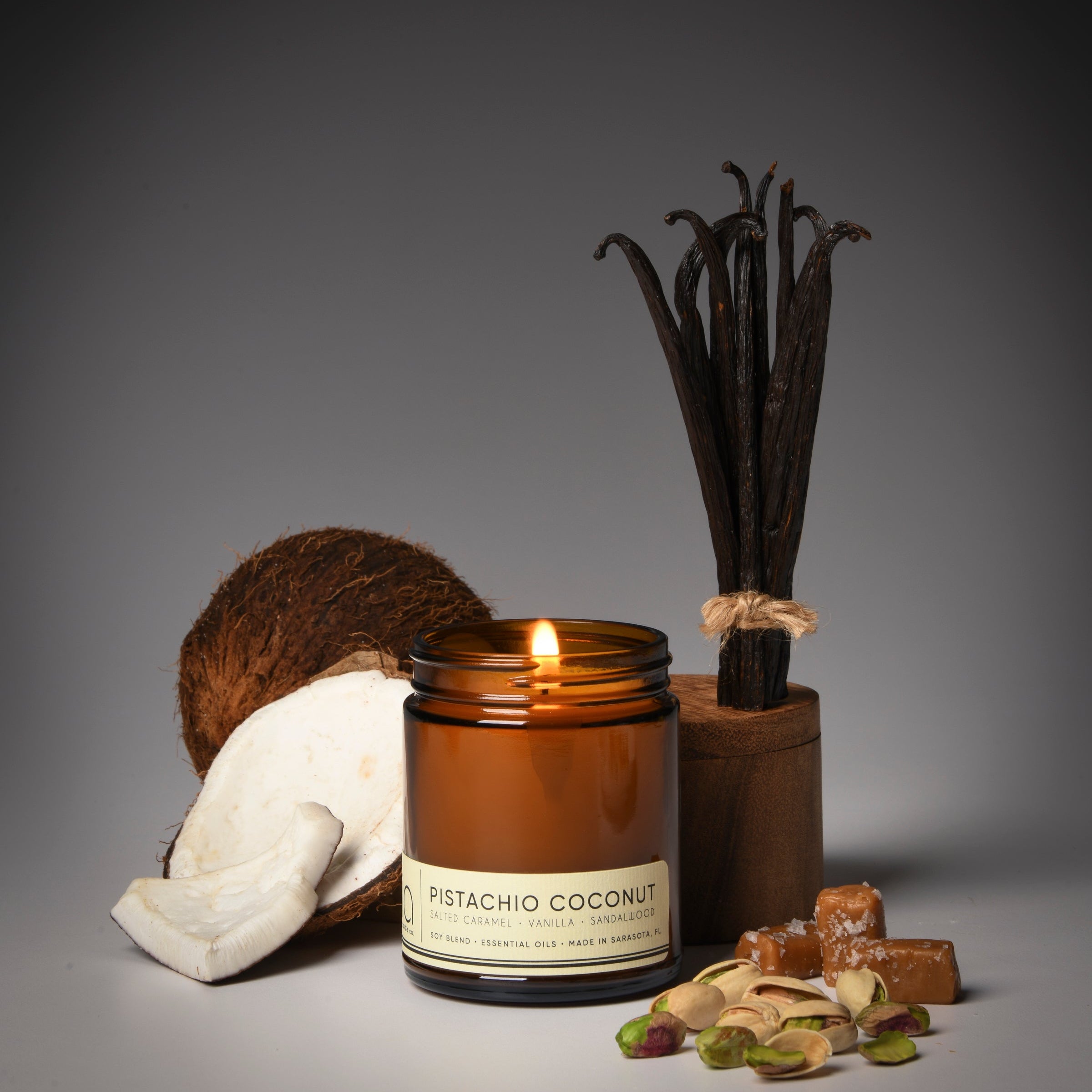 pistachio coconut classic candle, vanilla, salted caramel
