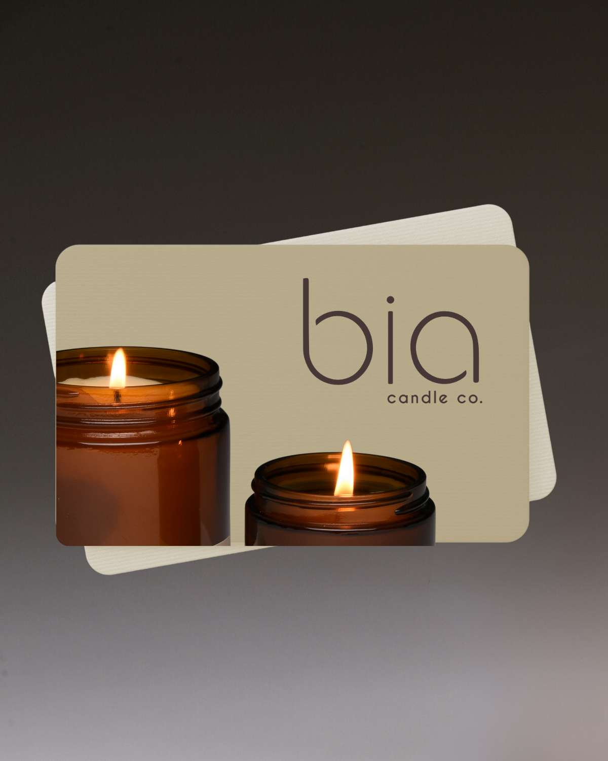A greeting card with a candle image and 'Bia Candle Co.' branding on it.
