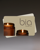 A greeting card with a candle image and 'Bia Candle Co.' branding on it.