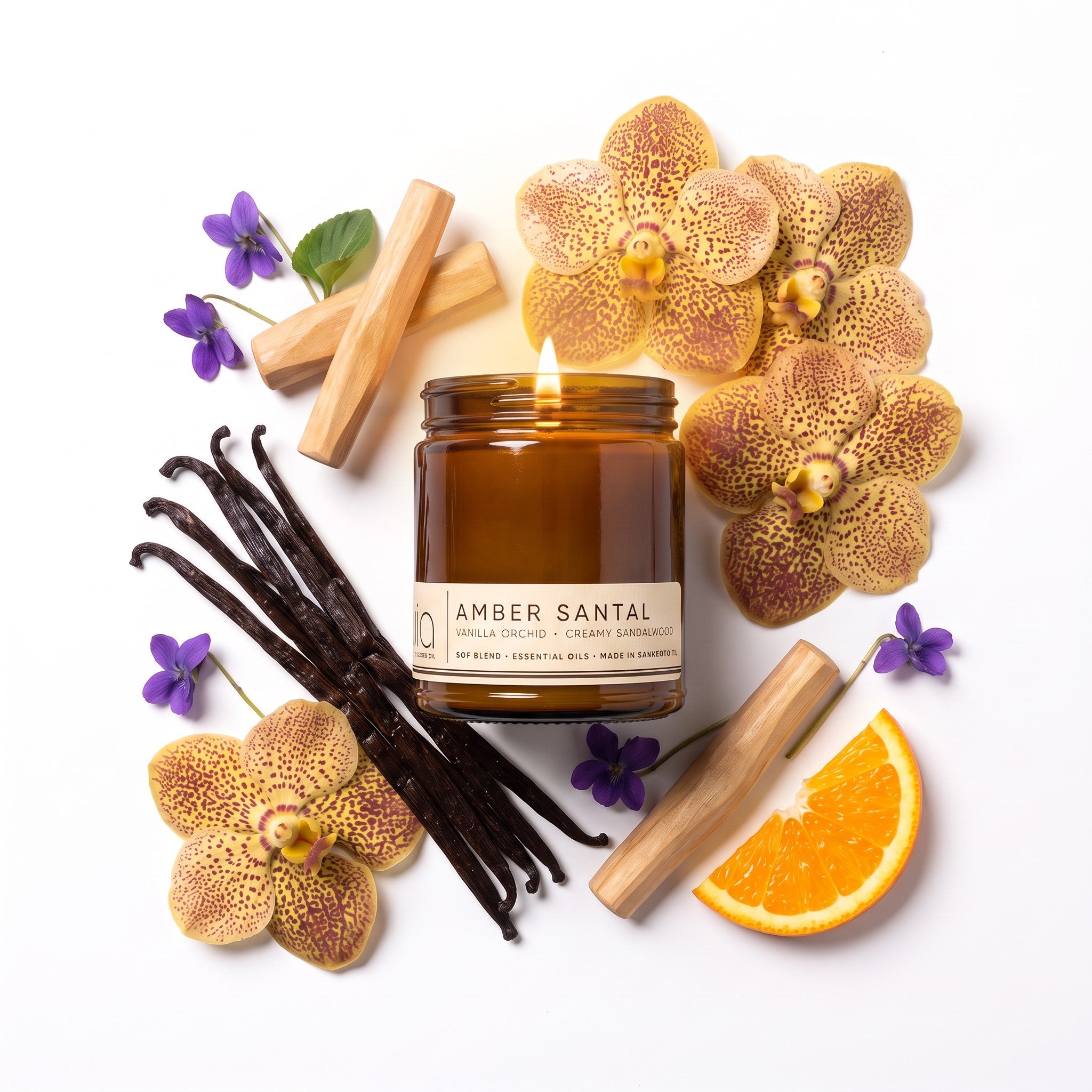 A lit amber glass jar candle labeled 'AMBER SANTAL' is arranged on a white background with orchid flowers, vanilla beans, cinnamon sticks, a slice of orange, and small purple blossoms.