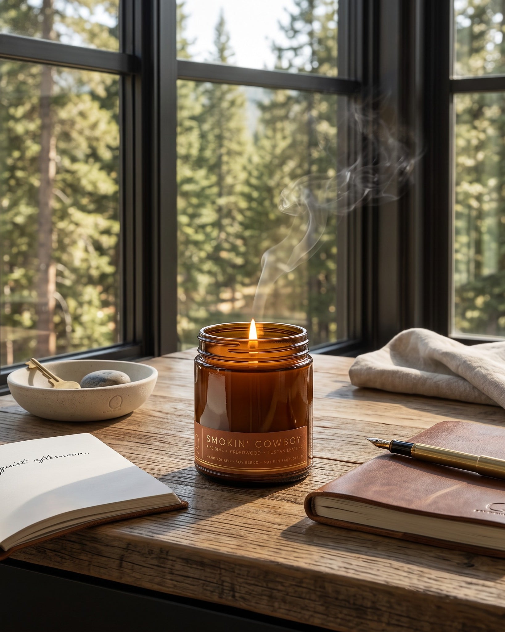 An amber glass jar candle labeled 'sMOKIN' COWBOY' sits lit on a rustic wooden table by a window with a forest view. An open book, a notebook with a pen, a small dish, and a folded cloth are arranged around it. Bia candle