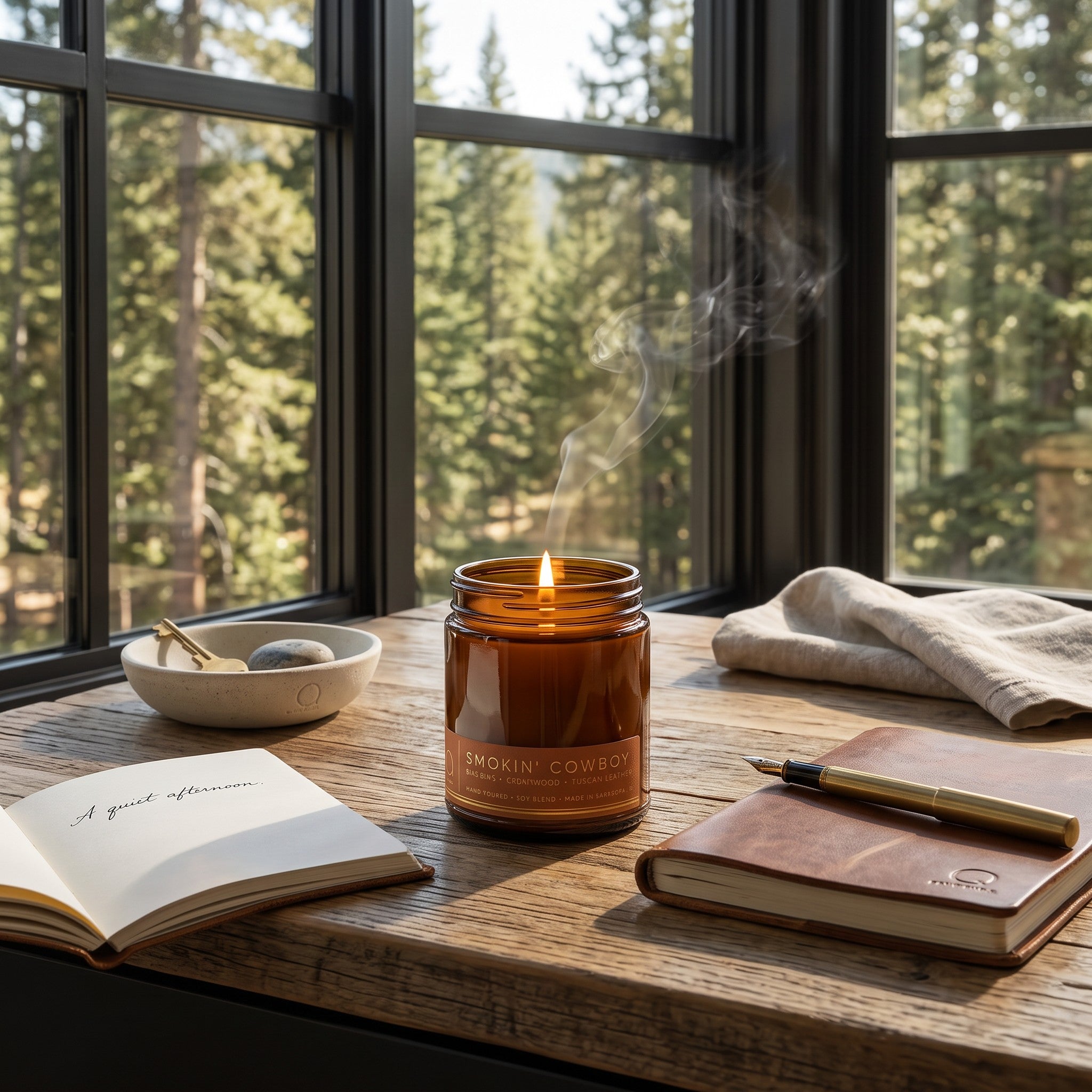 An amber glass jar candle labeled 'sMOKIN' COWBOY' sits lit on a rustic wooden table by a window with a forest view. An open book, a notebook with a pen, a small dish, and a folded cloth are arranged around it. Bia candle
