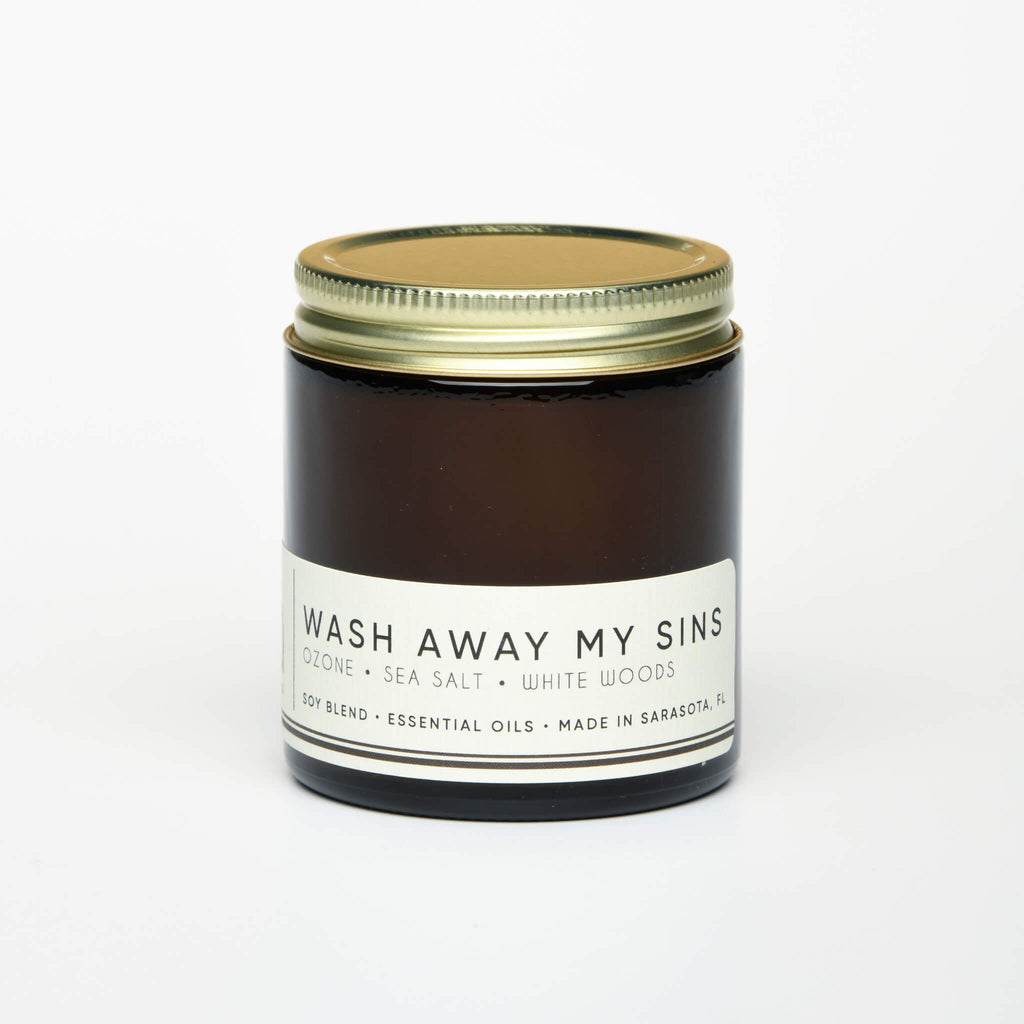 unlit and lidded petite single wick wash away my sins soy candle on white background