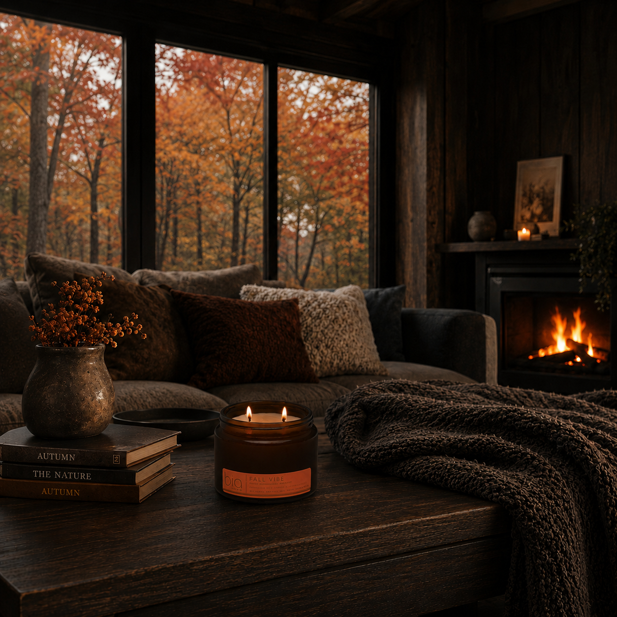 A warm amber scented candle sits on a dark wooden table in a cozy living room with a burning fireplace, autumn trees through large windows, and a knitted throw blanket.