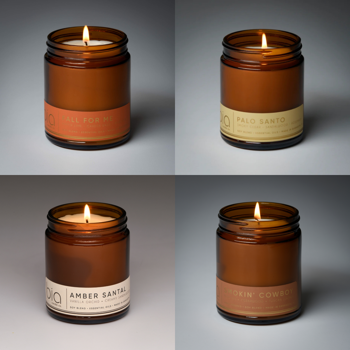 fall collection bundle, 4 classic candles. fall for me, palo santo, amber santal, and smokin' cowboy