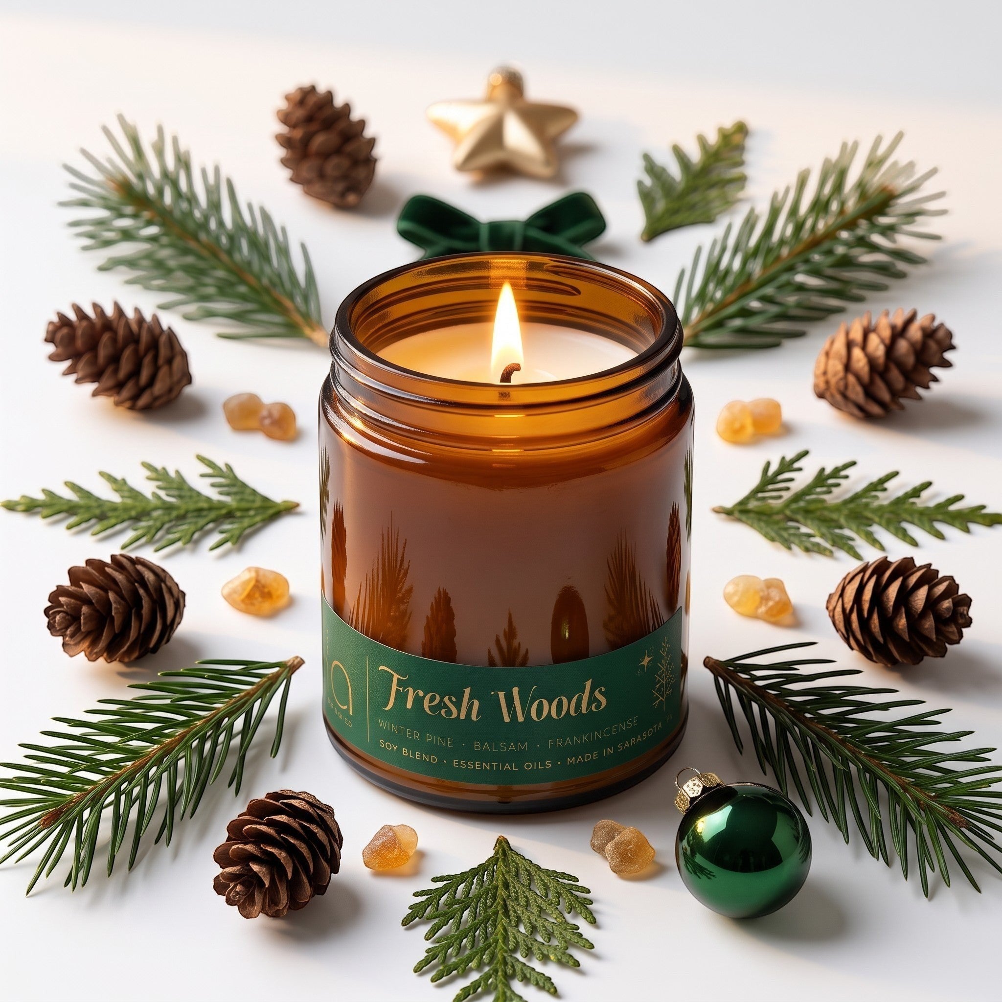 A lit amber classic glass candle jar labeled 'Fresh Woods' is arranged on a white surface with pine branches, pinecones, small amber beads, a green bow, and a green ornament.