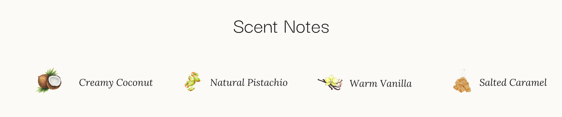 pistachio coconut scent notes, vanilla, salted caramel