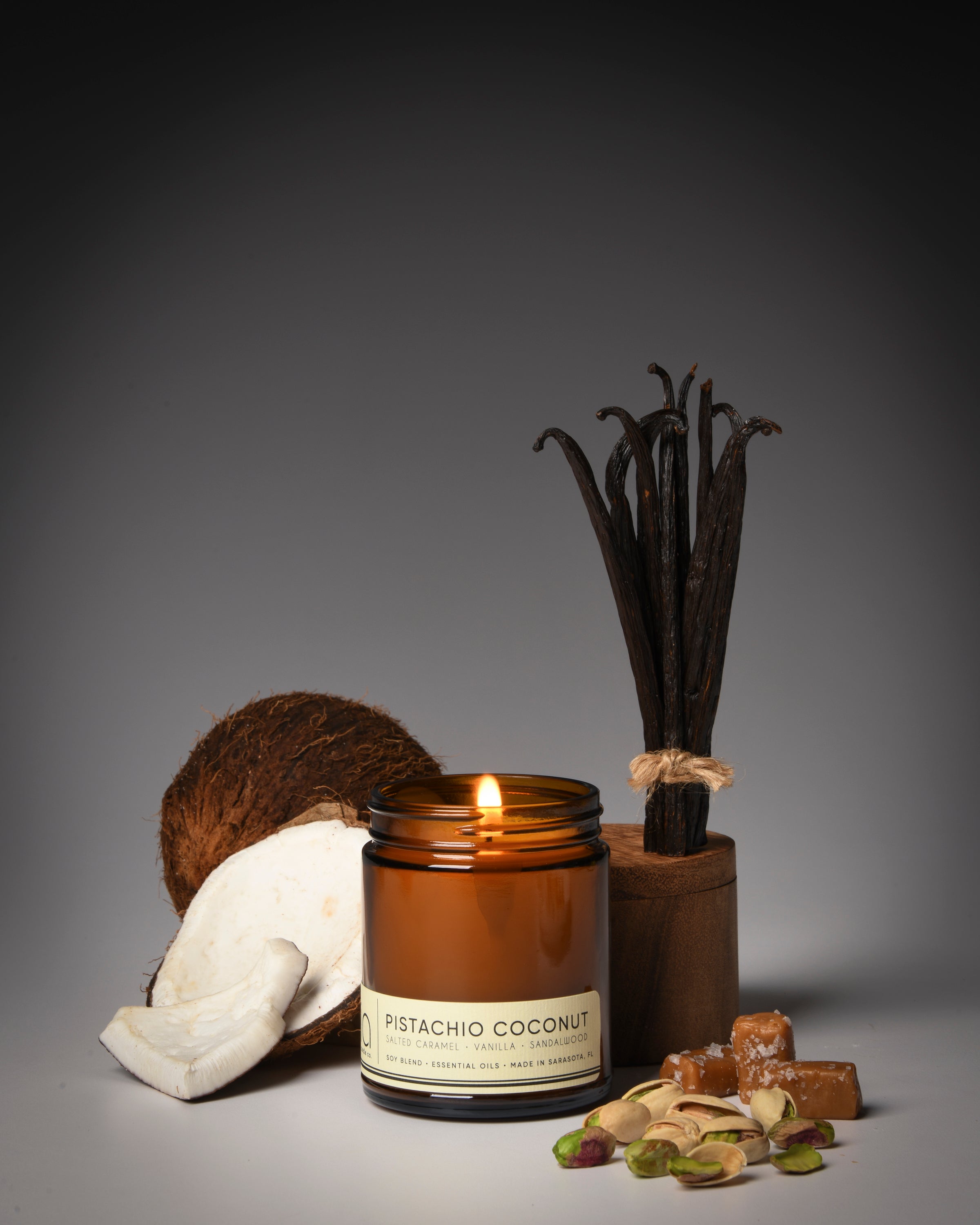 pistachio coconut classic candle, vanilla, salted caramel