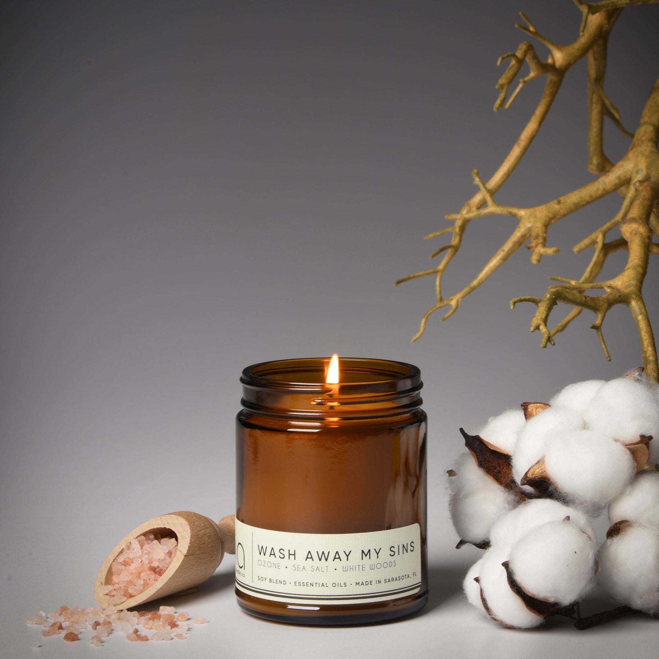 wash away my sins classic candle, cotton, sea salt and white woods