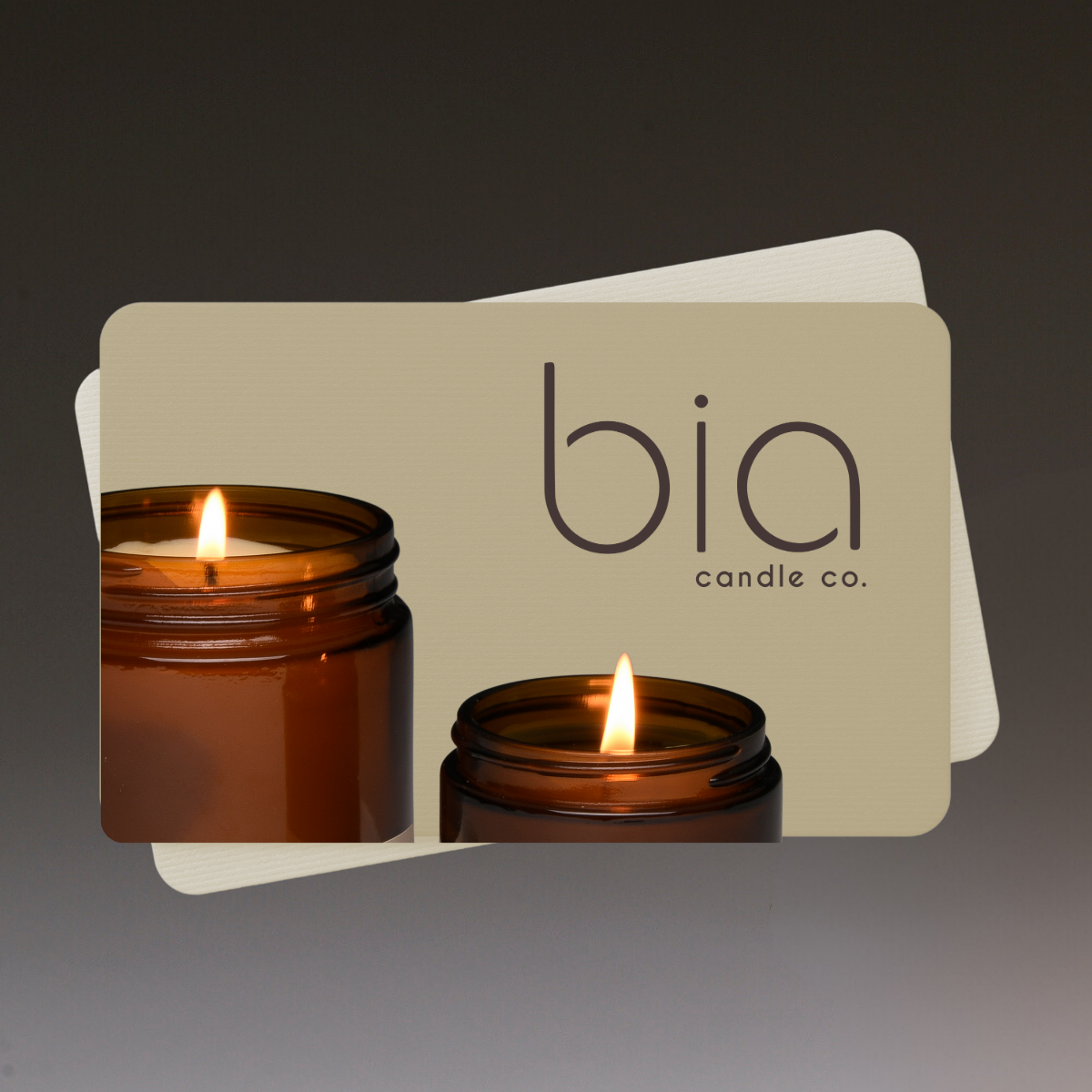 A gift card with a candle image and 'Bia Candle Co.' branding on it.